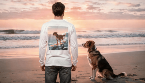 Surfing Dog Long Sleeve Tee | Sunset Ocean Wave Illustration