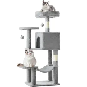 44 inch Cat Tree Tower, Multi-Cat Climbing Tower with, Natural Sisal Scratching Posts, Extended Platform, Hammock (Color: Light Grey)