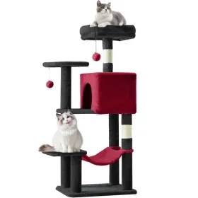 44 inch Cat Tree Tower, Multi-Cat Climbing Tower with, Natural Sisal Scratching Posts, Extended Platform, Hammock (Color: Black Red)