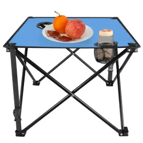 1Pc Foldable Camping Table Portable Picnic Table Lightweight Travel Desk with 2 Cup Holders Carrying Bag (Color: Blue)